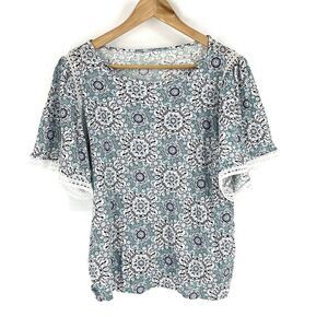 Loft Top Size Large Womens Blue Medallion Print Linen Cut Out Flutter Sleeve Tee